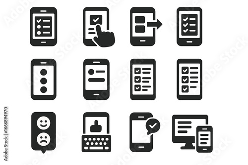 Mobile Survey Icons. Solid style icons of mobile surveys: mobile form icon, tap to answer, swipe choice, mobile radio group,