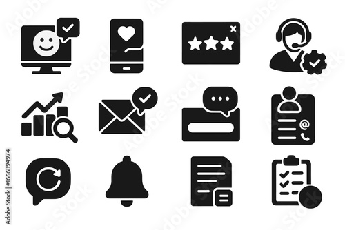 Feedback Follow-up Icons. Solid style icons of feedback follow-ups: thank you page, review request, rating popup, resolution offer