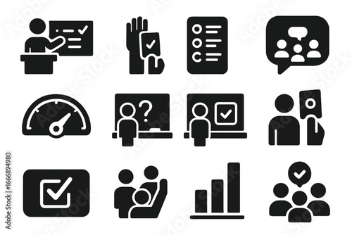 Classroom Poll Icons. Solid style icons of classroom polls: teacher poll board, student vote, quiz option icon, class feedback