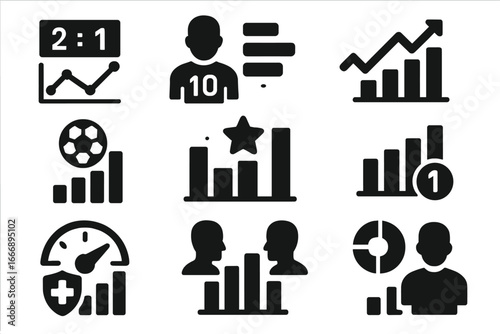 Sports Stats Icons. Solid style icons of sports statistics: match score graph, player stats icon, win/loss trend, goal count chart