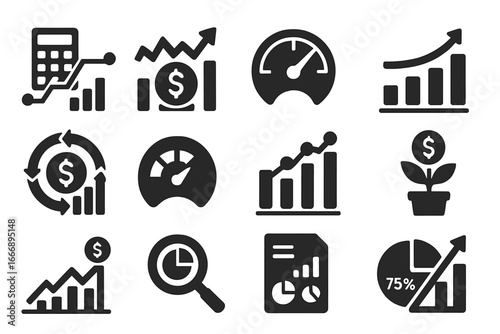 Financial Analytics Icons. Solid style icons of financial analytics: expense tracker graph, profit and loss icon, budget control