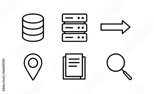 vector outline icons digital transformation plan (current state map): database icon server rack roadmap arrow gap marker document stack magnifier.