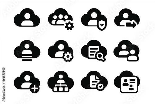 Cloud User Management Icons. Solid style icons of cloud user management: user icon cloud, group settings, admin role icon, user
