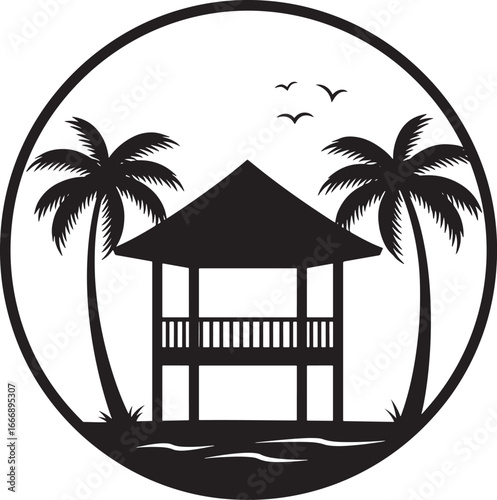 Tropical beach gazebo with palm trees and ocean waves silhouette