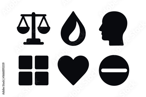 vector solid black filled icons fair mindedness (abstract): symmetry blended colors smooth lines balanced shapes warm light airy space.