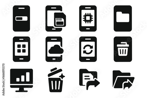 Mobile Storage Icons. Solid style icons of mobile storage: phone storage icon, SD card in mobile, internal memory icon, mobile