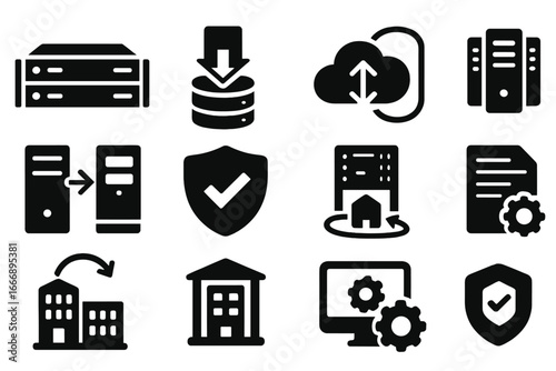 Enterprise Backup Icons. Solid style icons of enterprise backup systems: rack-mounted storage, server backup icon, enterprise