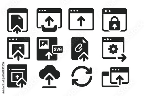 Browser Upload Icons. Solid style icons of browser uploads: web file upload icon, drag to browser tray, upload via browser tab,