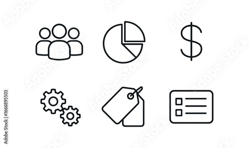 vector outline icons quarterly team planning (resource allocation): person icons pie chart dollar sign gear cluster label tags legend.
