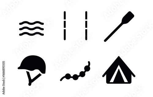 vector solid black filled icons canoe slalom (training zone): flat water floating markers paddle safety helmet buoy line shore tent.