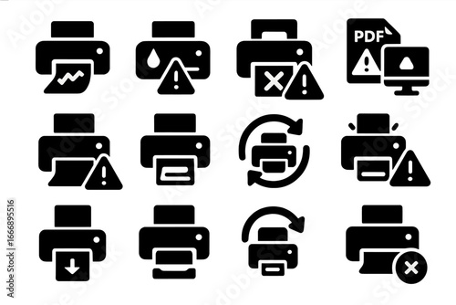 Printer Troubleshooting Icons. Solid style icons of troubleshooting print issues: paper jam icon, out of ink warning, connection