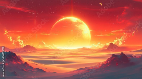Vibrant Alien Planet Landscape with Large Planet, Crescent Moon, and Star - Filled Sky over Desert and Mountains 