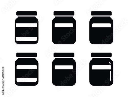vector solid black filled icons zero waste grocery (glass jar): jar rim lid ring label stripe content fill shadow smear highlight rim.