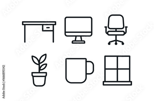 vector outline icons work from home setup (home office): desk icon monitor chair plant pot coffee mug window outline.