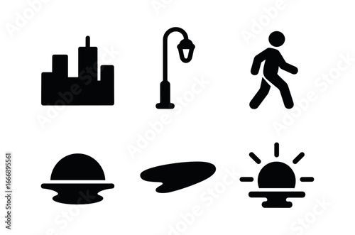 vector solid black filled icons sunset stroll (city view): skyline outline street lamp figure silhouette sun half shadow smear light rim.