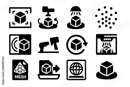 3D Scanning Icons. Solid style icons of 3D and object scanning: 3D scan icon, rotating object scanner, lidar tray icon, object
