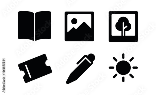 vector solid black filled icons visual diary (daily life): open diary photo small drawing ticket stub pen sunlight.