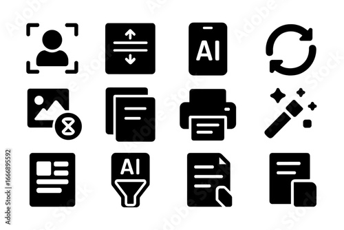 AI Scanning Icons. Solid style icons of smart and AI scanning: smart detect icon, automatic alignment, AI-powered OCR, auto rotate