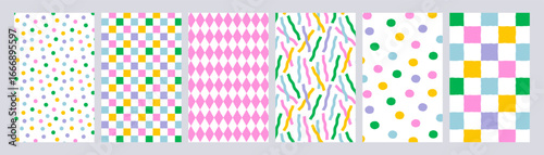 Seamless pattern set with pastel dot, checkered, diamond, and wavy streamers confetti. Soft abstract vector background perfect for wrapping paper, wallpaper, and cute fabric prints.