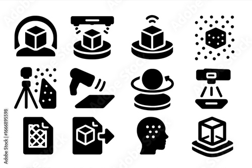 3D Scanning Icons. Solid style icons of 3D and object scanning: 3D scan icon, rotating object scanner, lidar tray icon, object