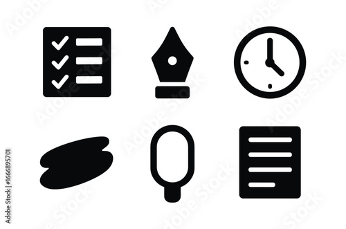 vector solid black filled icons settled adulthood (routine planner): checklist grid pen tip clock face shadow smear highlight rim note line.