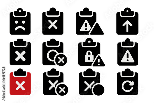 Paste Error Icons. Solid style icons of error and invalid paste: paste error icon, denied paste action, paste with warning,