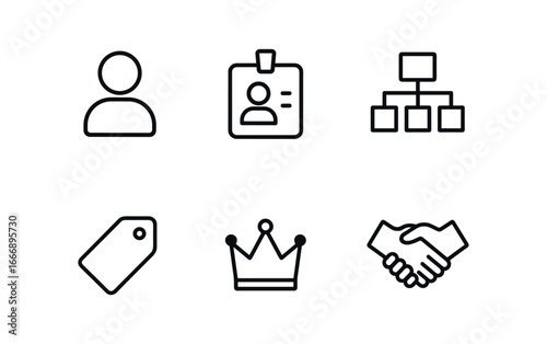 vector outline icons lead qualification checklist (decision maker): user silhouette badge icon hierarchy chart crown dot label tag handshake.