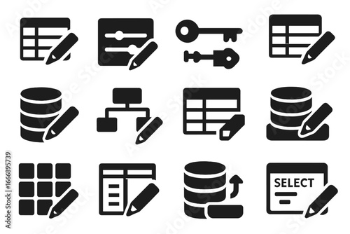 Database Edit Icons. Solid style icons of database and data editing: table row edit icon, value field adjust, key-value pair icon,