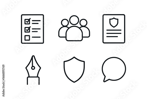 vector outline icons work life balance strategy (team guidelines): checklist icon group silhouettes speech bubble policy document pen tip shield.