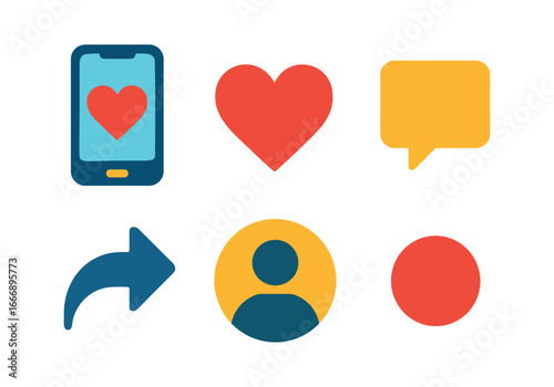 vector colorful filled icons relationship status update (social ): phone screen heart icon comment bubble share arrow profile pic notification dot.