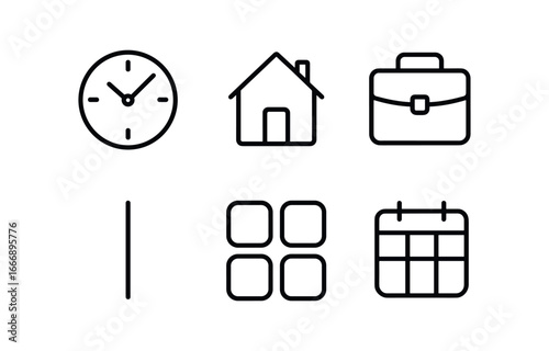 vector outline icons work life balance strategy (time blocks): clock face home icon briefcase icon split bar color blocks calendar grid.