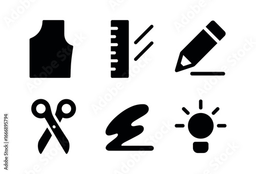 vector solid black filled icons costumer (pattern draft): pattern paper ruler edge pencil lines scissors icon shadow smear light rim.