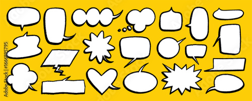 Cartoon speech bubbles in crayon style, hand drawn balloon, chalk cloud and t...