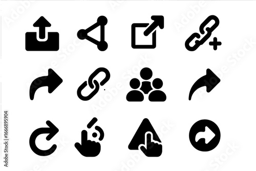 Solid Share Icons. Solid style icons of share buttons: arrow out box, dot connected icon, up arrow square, share link icon,
