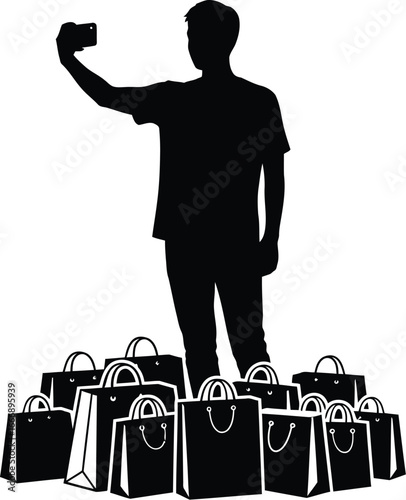Vector art of the silhouette of a man taking a selfie with shopping bags, depicting retail, consumerism, and modern shopping habits in a simple design