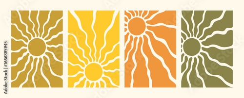 Summer sun patterns in yellow with wavy rays on vintage textured background. ...
