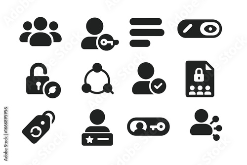 Shared Access Icons. Solid style icons of shared access controls: user roles icon, shared key icon, permission levels, edit/view
