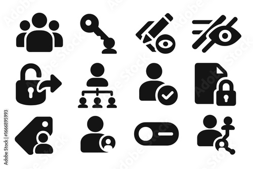 Shared Access Icons. Solid style icons of shared access controls: user roles icon, shared key icon, permission levels, edit/view