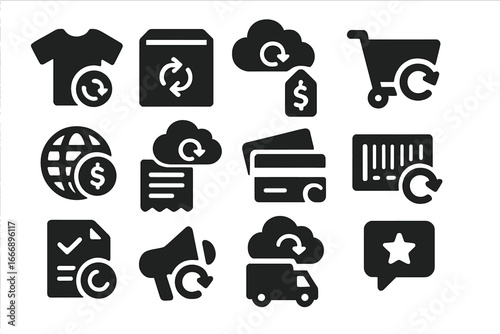 E-commerce Sync Icons. Solid style icons of e-commerce sync: product catalog refresh, inventory sync icon, pricing cloud update,