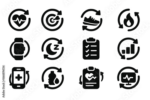 Health Tracker Icons. Solid style icons of health and fitness refresh: heart rate reload, fitness goal update, step count sync,