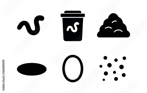 vector solid black filled icons food waste bin (worms indicator): worm silhouette bin outline compost heap shadow smear light rim soil dots.