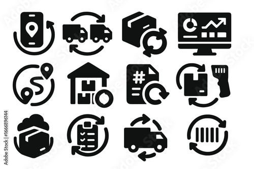 Logistics Icon Refresh. Solid style icons of logistics and transport refresh: delivery tracker update, fleet sync icon, shipment
