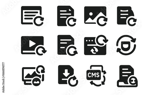 Content Update Icons. Solid style icons of content updates: blog update icon, article refresh, image change icon, video update