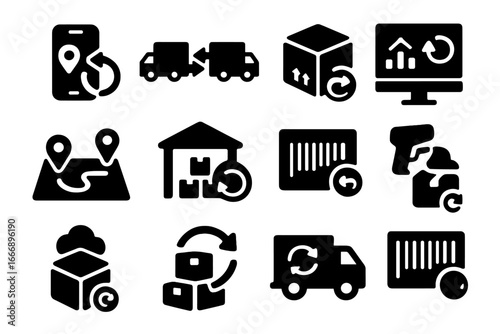 Logistics Icon Refresh. Solid style icons of logistics and transport refresh: delivery tracker update, fleet sync icon, shipment