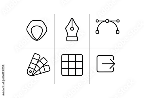 vector outline icons company rebranding (logo redesign): logo outline pen tool vector nodes color palette grid guide export arrow.