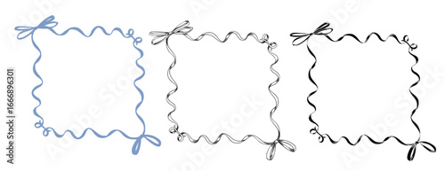 Vector illustration of square Ribbon Borders tied in corner Bows. Linear drawing of Frames in pastel blue and black inks. Line art for birthday party invitations or Baby shower greeting cards.