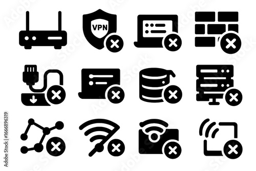 Network Icon Removal. Solid style icons of network and connection removal: disconnect router icon, uninstall VPN client, network