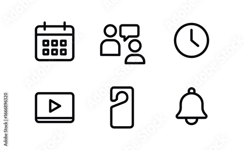 vector outline icons business travel planning (meeting schedule): calendar grid meeting icon time slot video tile room booking reminder bell.