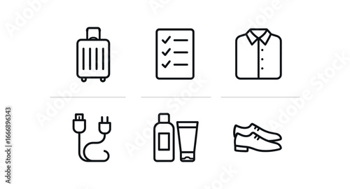 vector outline icons business travel planning (packing list): suitcase outline checklist shirt icon charger cable toiletries shoe pair.