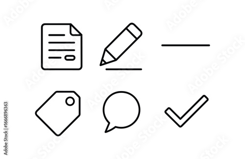 vector outline icons stakeholder feedback review (annotated doc): document icon pencil tip highlight line note tag comment dot approval tick.
